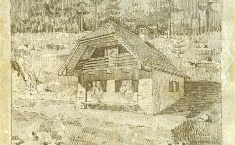 Historische Zeichnung der Skihütte